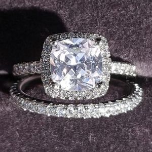 Classic Silver Square Cut Diamond Halo Ring Set